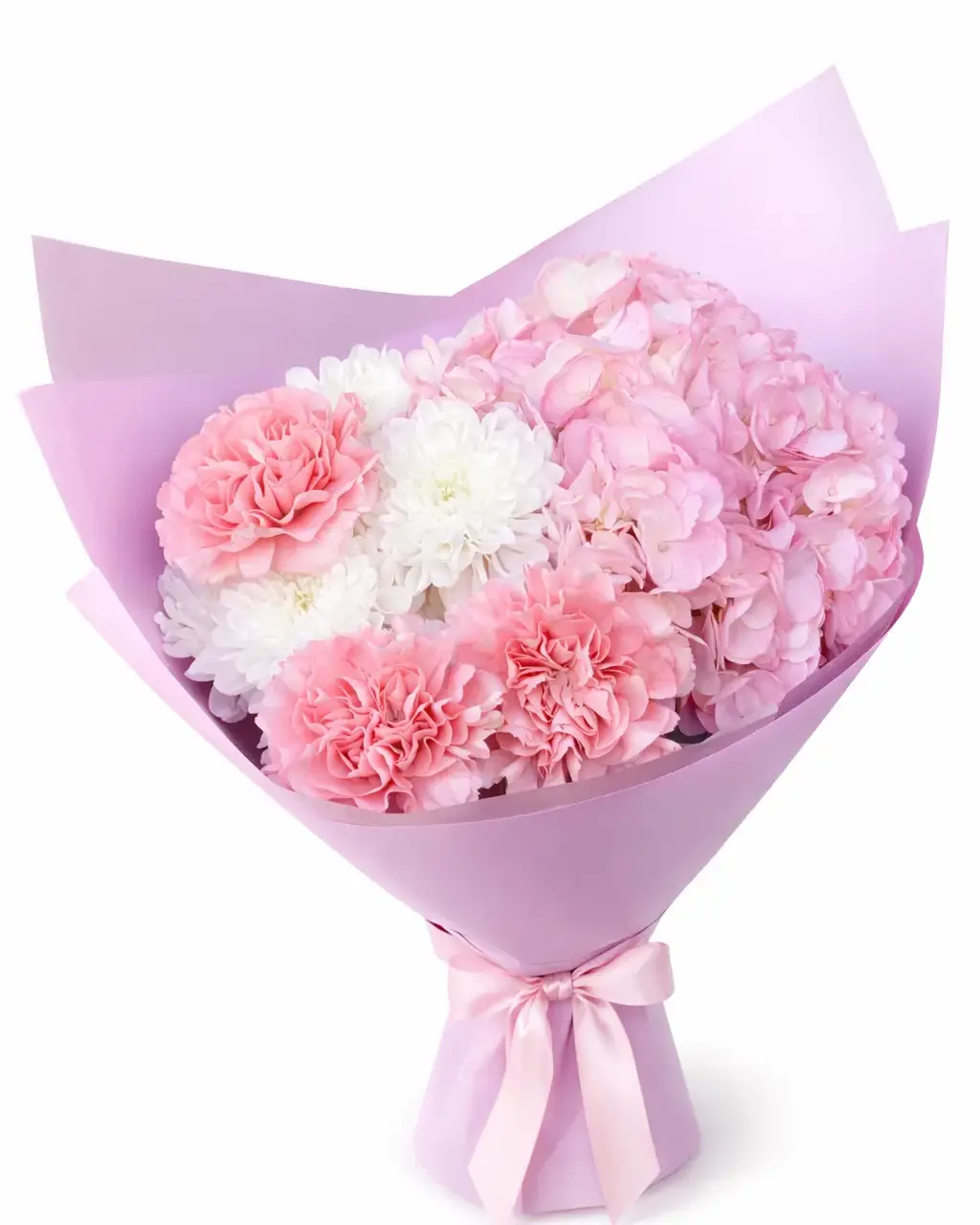 Букет из гортензии с гвоздиками и хризантемами